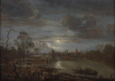 Riviergezicht met trekschuit bij maanlicht