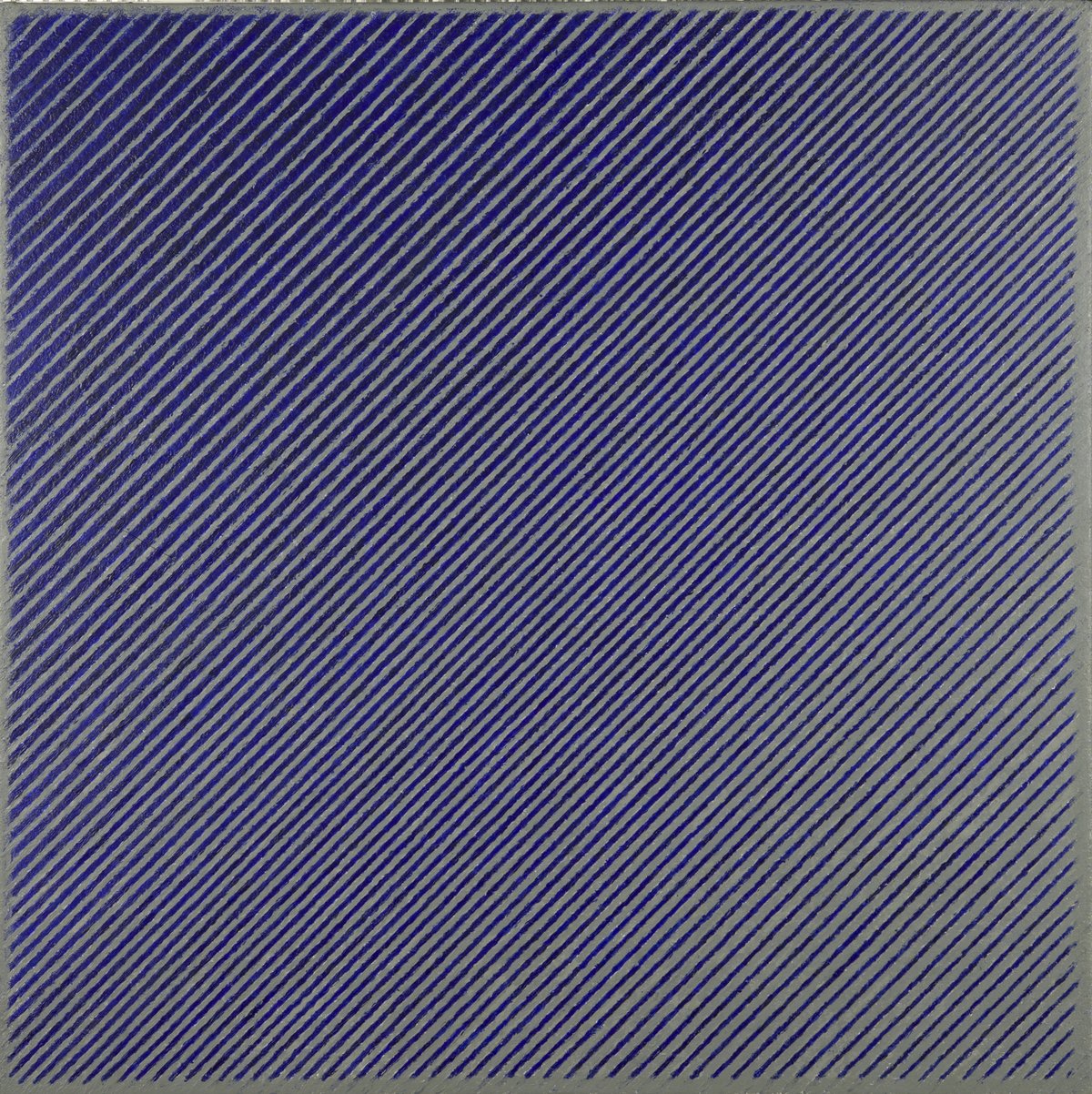 Abstract werk met schuine strepen op een paars/grijze achtergrond