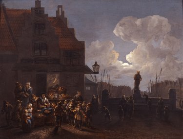 Stadsgezicht Rotterdam, fruitmarkt bij kaars- en maanlicht, met standbeeld Erasmus