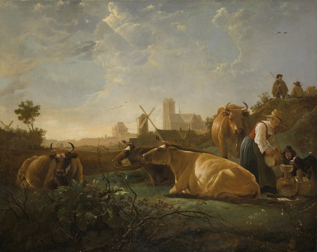 Een verre blik op Dordrecht, met een melkmeisje en vier koeien en andere figuren, een schilderij gemaakt door Aelbert Cuyp