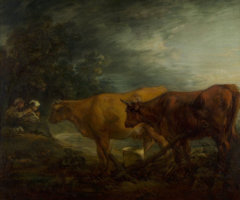Thomas Gainsborough, Landschap met twee koeien bij een herder en melkmeid