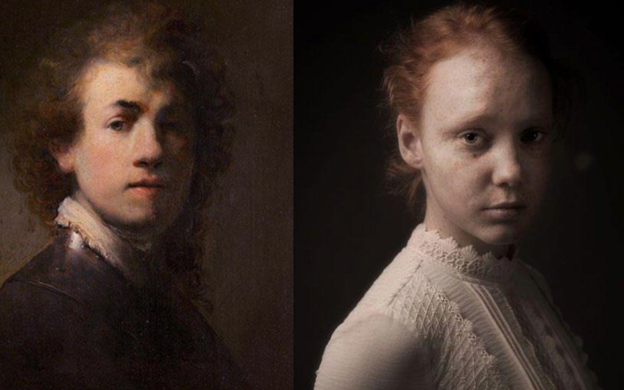 Een afbeelding waarin twee zelfportretten samenkomen. Aan de linkerkant een portret van een jongeman en aan de rechterkant een meisje.