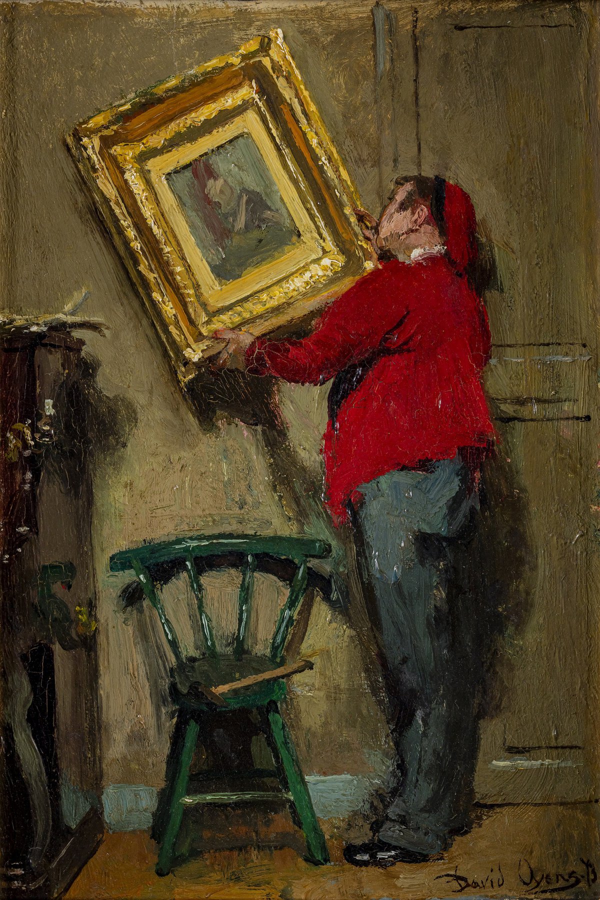 David Oyens, Het ophangen van het schilderij, 1873