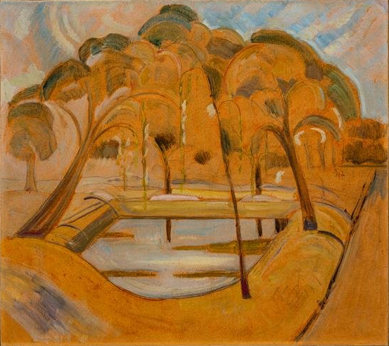 Het schilderij verbeeldt een abstracte interpretatie van een park. Bomen staan langs een meer in een glooiend landschap.