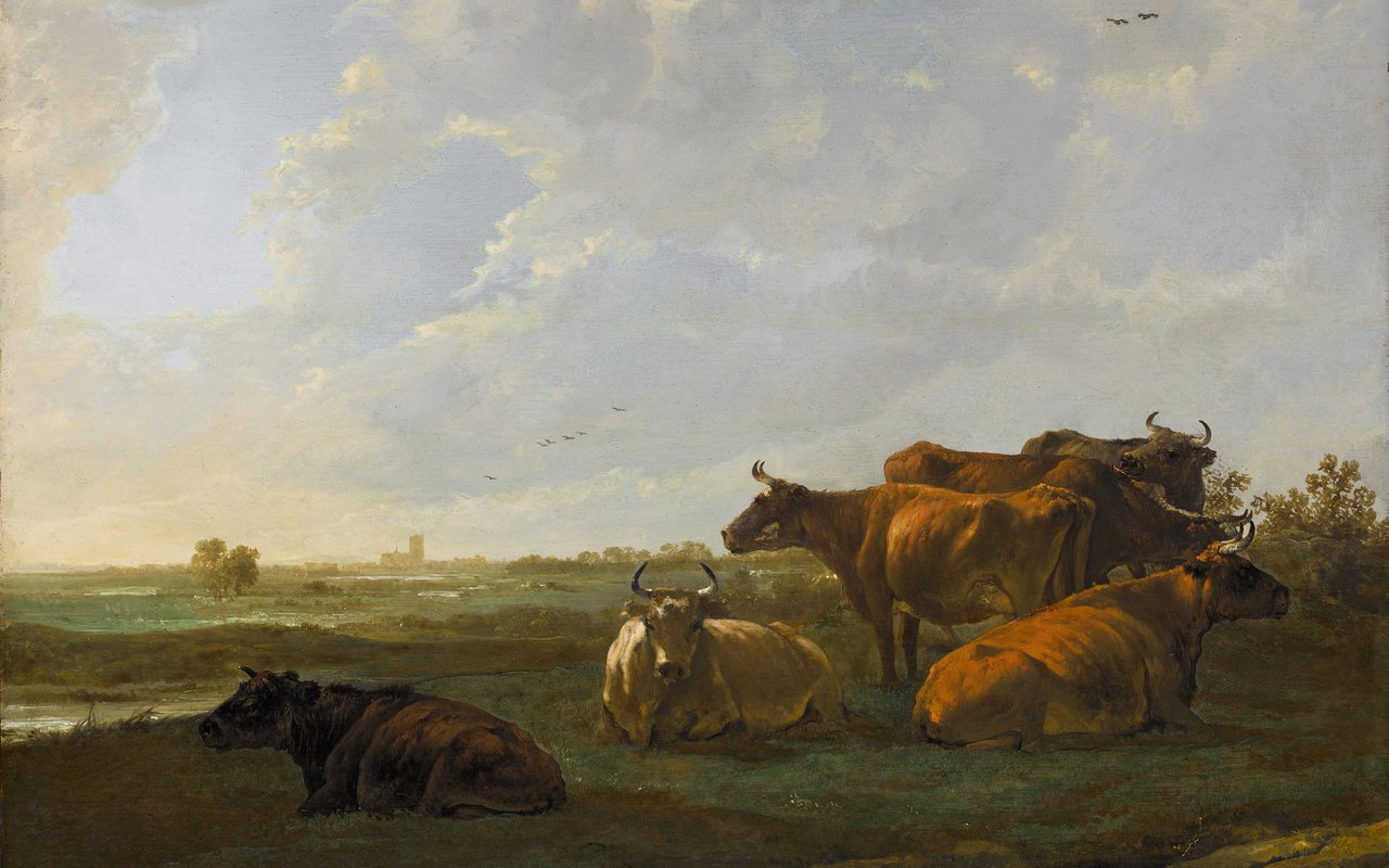 Landschap met zes koeien bij Dordrecht, geschilderd door Aelbert Cuyp. Dit schilderij is nu te zien in het Dordrechts Museum.