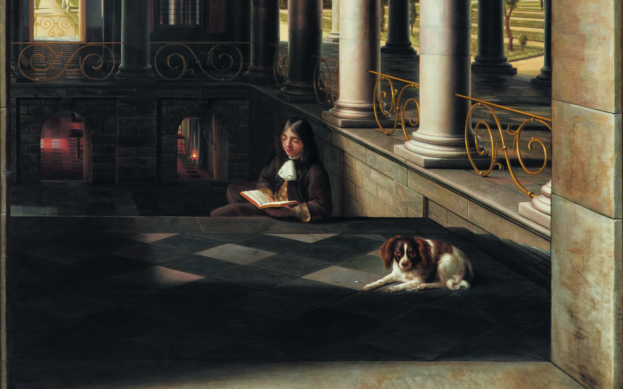 Samuel van Hoogstraten - Perspectiefstuk met een lezende jongeman in een renaissancepaleis - 1662-1667