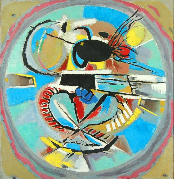 Langs de rand van het schilderij is een cirkel met daarbinnen in een kleurrijk abstract figuur.