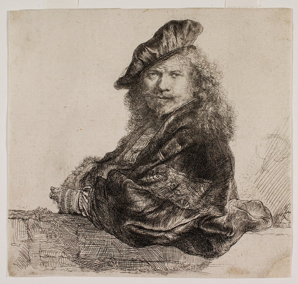 Getekend zelfportret. Rembrandt draagt een schuine baret, heeft lange golvende haren, een snor en een baard. Getekend zelfportret. Rembrandt draagt een schuine baret, heeft lange golvende haren, een snor en een baard.
