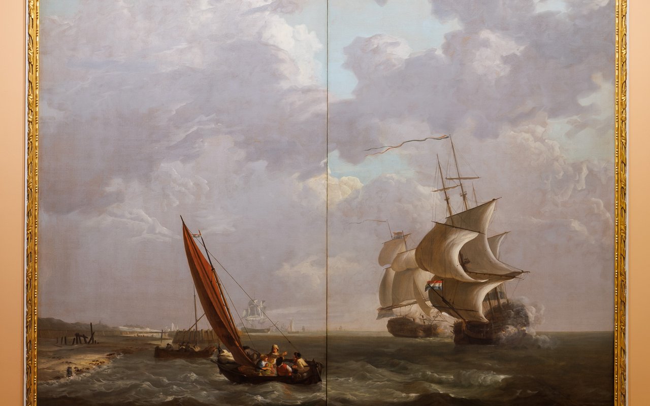 Schilderij met woelige baren en twee schepen