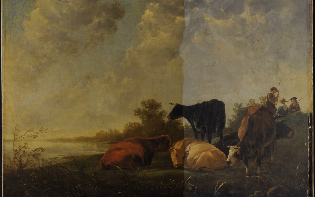 Rivierlandschap met koeien en herders van Aelbert Cuyp in het Dordrechts Museum. Het schilderij wordt gerestaureerd.