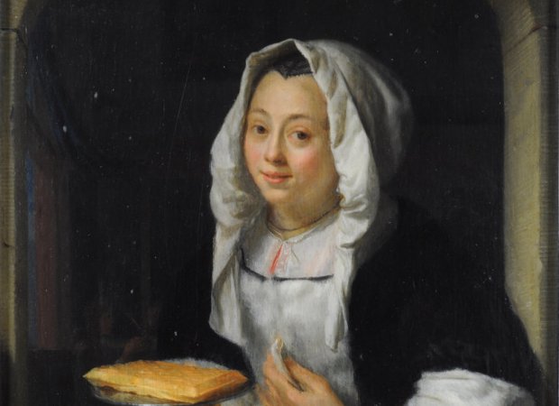 Schalcken - Jonge vrouw die een wafel aanbiedt