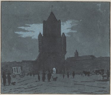 Gezicht op de Spaarnwouder of Amsterdamse Poort (Haarlem) bij maanlicht