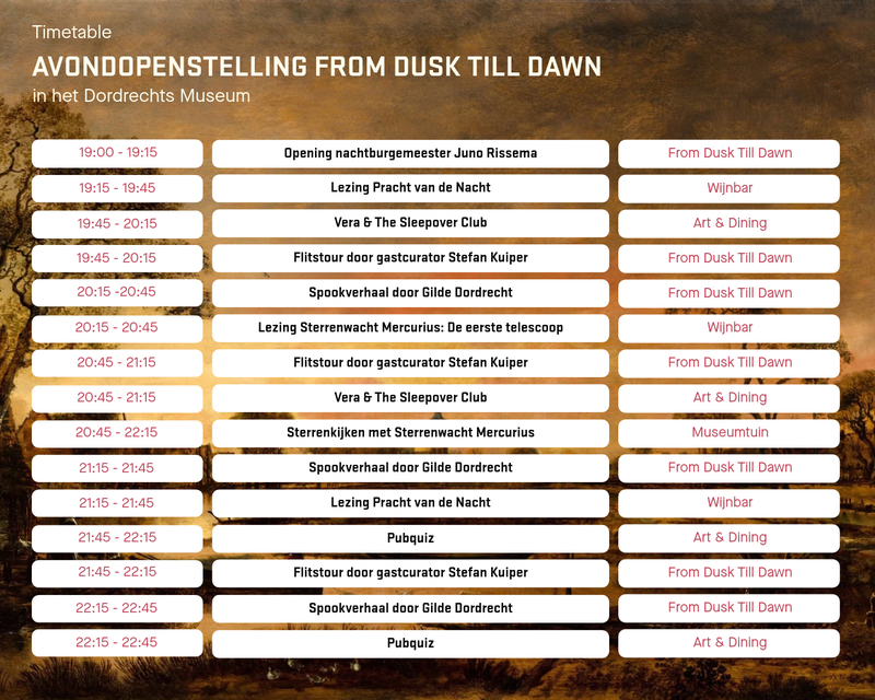 Timetable avondopenstelling from dusk till dawn 24 okt
