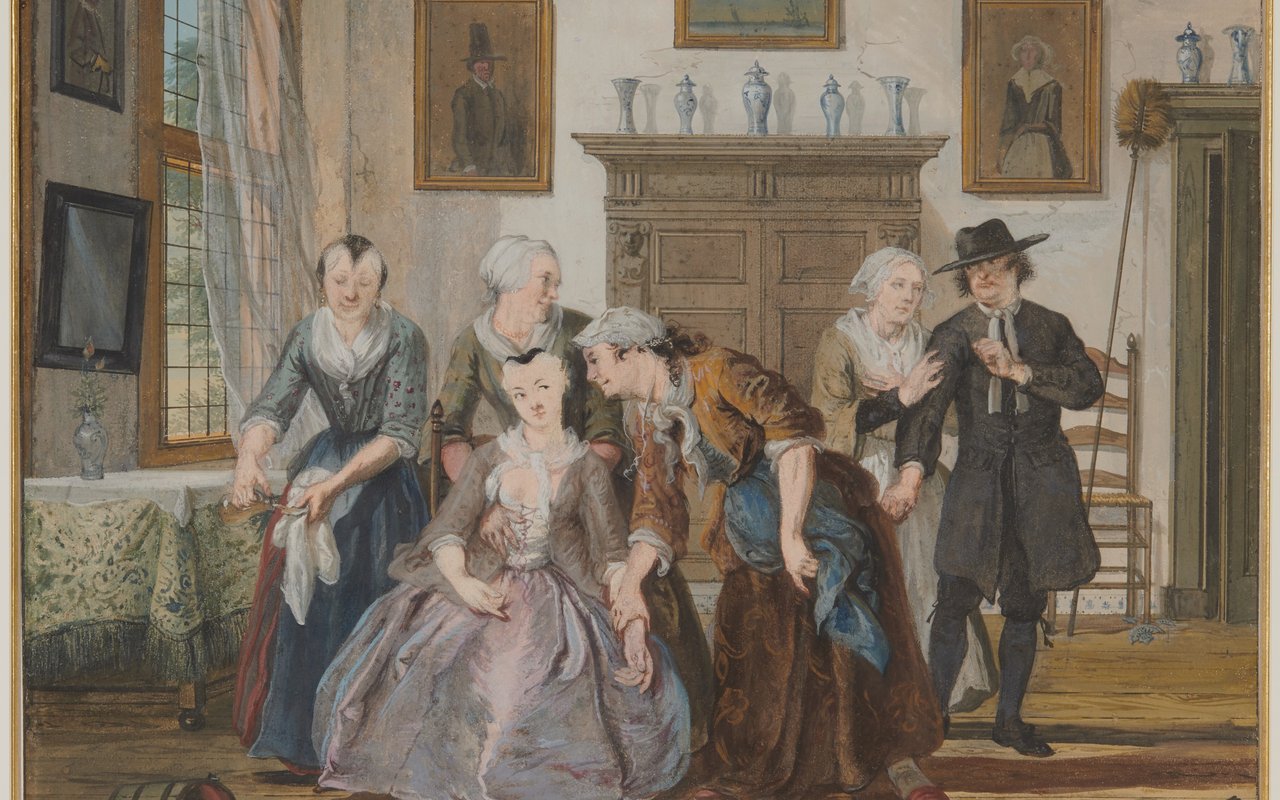 Scène uit de komedie 'Jan Klaasz. of de gewaande dienstmaagd' van Thomas Asselijn - ca. 1730-1745