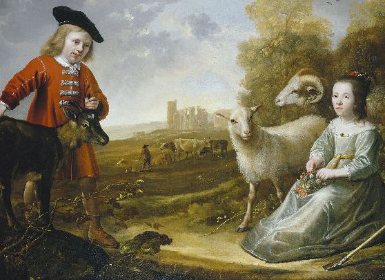 Jacob Cuyp - Twee kinderen met vee in een landschap met een herder bij een ruïne - 1651