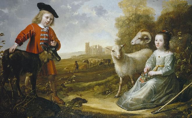Jacob Cuyp - Twee kinderen met vee in een landschap met een herder bij een ruïne - 1651
