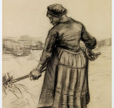 Vincent van Gogh, Boerin hooi omwoelend, 1885, krijttekening, collectie Dordrechts Museum