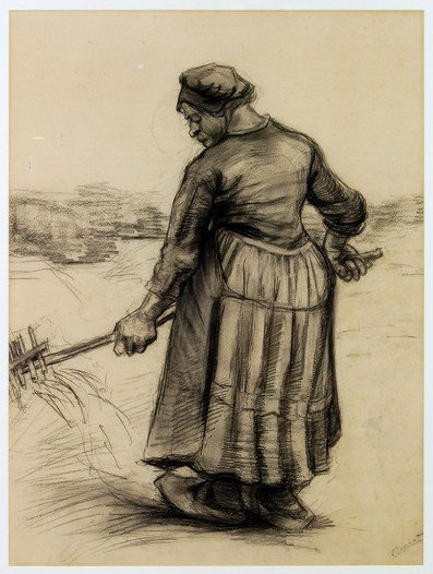 Vincent van Gogh, Boerin hooi omwoelend, 1885, krijttekening, collectie Dordrechts Museum