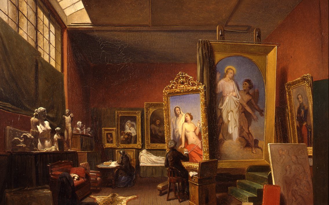 Ary Johannes Lamme - Ary Scheffer aan het werk in het grote atelier bij zijn woonhuis aan de Rue Chaptal 16 te Parijs - 1851