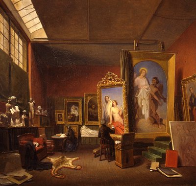 Ary Johannes Lamme - Ary Scheffer aan het werk in het grote atelier bij zijn woonhuis aan de Rue Chaptal 16 te Parijs - 1851