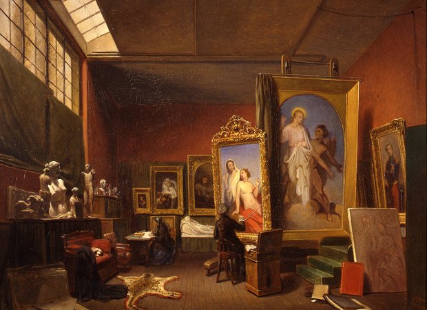 Ary Johannes Lamme - Ary Scheffer aan het werk in het grote atelier bij zijn woonhuis aan de Rue Chaptal 16 te Parijs - 1851