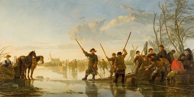 Schilderij Fishermen on the Frozen River Maas, ca. 1655 gemaakt door Aelbert Cuyp