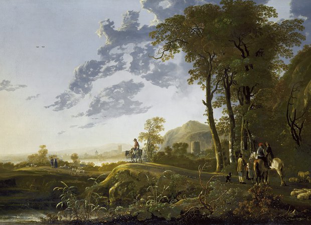 Aelbert Cuyp - Landschap met herders en reizigers bij avondlicht - ca. 1657-1660