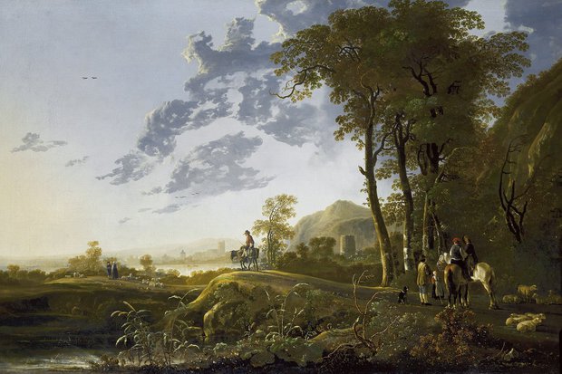 Een avondlandschap met figuren en schapen, een schilderij gemaakt door Aelbert Cuyp