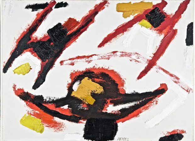 kunstwerk wit met rode, gele en zwarte vegen van Willem Hussem