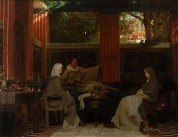 Venantius Fortunatus draagt zijn verzen voor aan Radagonda VI en de abdis in het klooster van Poitier, geschilderd door Lourens Alma Tadema in 1862.